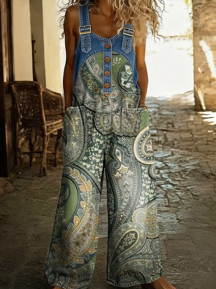 Women's Retro Floral Color-Blocked Art Print Washed Cotton Denim Patchwork Jumpsuit